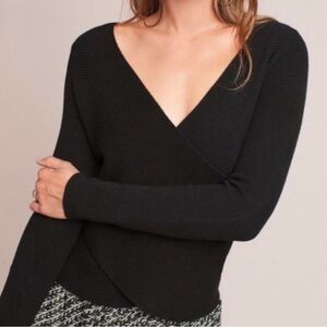 Anthropologie Moth Faux Wrap sweater ribbed black XS minimalist classic preppy